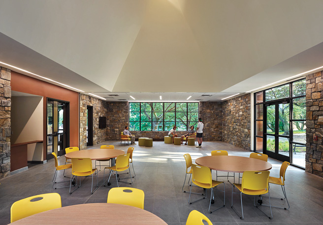 Recreation Center Interior Space with Real Stone Veneer, Natural Facing Chesapeake Roughly Rectangular Installed Interior Walls